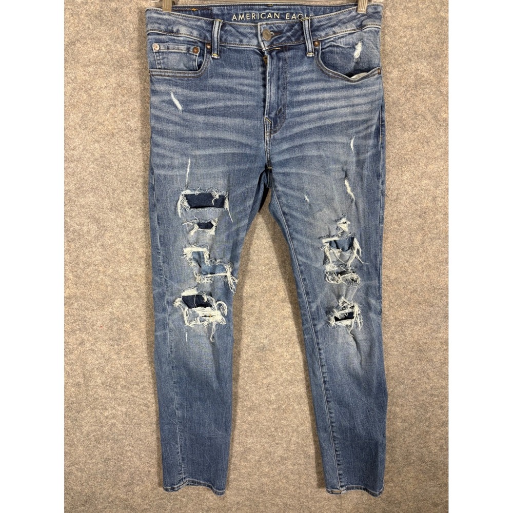 American Eagle Outfitters Mens Slim Fit Jeans Distressed Ripped Blue Denim 31x32